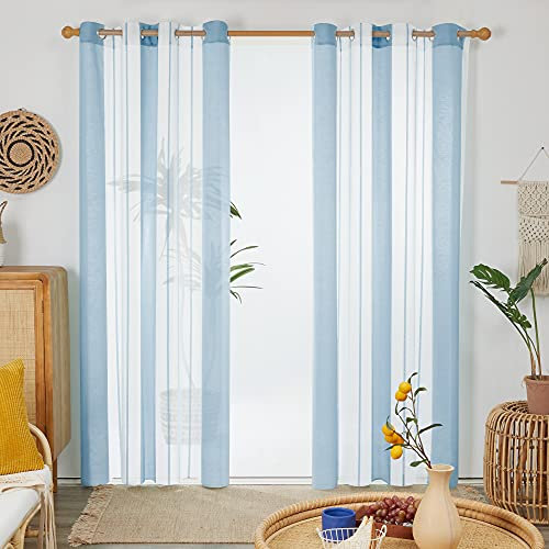 Deconovo Transparente Gardinen Wohnzimmer mit Ösen, Voile Ösenschals Boho Fensterschal Durchsichtig Nadelstreifen, 229x140 cm(HöhexBreite), Hellblau, 2er Set