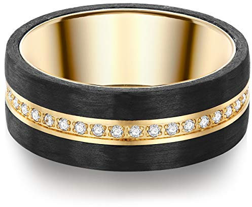 Trilani Damen-Ring Edelstahl gelbvergoldet Zirkonia weiß Brillantschliff - Edelstahlring vergoldet Carbon Verlobunsgring Ehering Partnerring