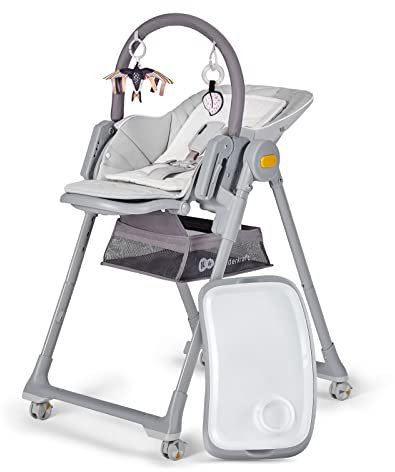 Kinderkraft LASTREE Hochstuhl Baby ab Geburt mit Liegefunktion, Kinderhochstuhl für ältere Kinder, Babyliege mit Spielbügel, Verstellbare Rückenlehne Tablett Fußstütze, Zusammenklappbar, Grau