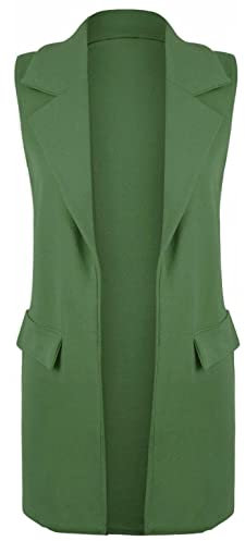 Hamishkane Ladies Sleeveless Open Front Long Waistcoat Plain Crepe Jacket Casual Duster Coat Khaki