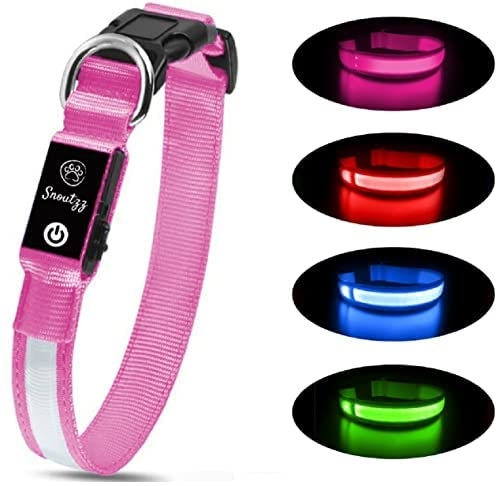 SNOUTZZ® LED Flashing Dog Collar USB Rechargeable - Ultra Bright & Highly Visible - Waterproof & Increased Safety - Available 4 Colours & 4 Sizes (Pink, Large)