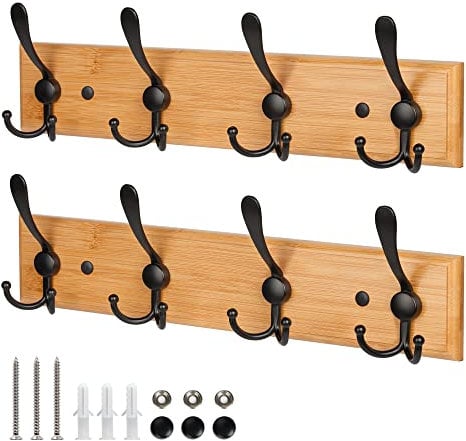 GlazieVault Bamboo Coat Hooks for Wall - Stainless Steel Coat Racks (2 Pack) - Heavy Duty Wooden Coat Hook Wall Mounted - Premium Design Rust Free Coat Hanger