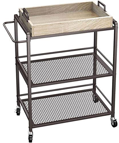 BAKAJI Carrello Cucina 3 Ripiani Industrial con Ruote Girevoli e Vassoio Colazione Legno removibile, Carrellino Salvaspazio, Multiuso, Trolley Estetista, Struttura Metallo, 65 x 33 x 91H cm (Bronzo)