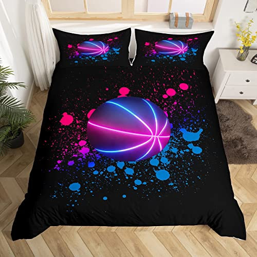 Housse de Couette Basketball 220x240,Ensemble de Literie Neon Basketball Parure de Lit Imprimée Tie Dye Rose et Bleu pour Les Enfants Garçons Filles Adolescents,Housse Couette Noire À Thème Sportif