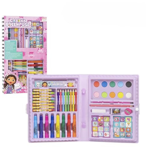 Boîte de Coloriages Gabby's Dollhouse - Inclut des Feutres et Crayons de couleur, Aquarelles et Autocollants - avec Règle pour des Traits de Précision - Produit Original Conçu en Espagne