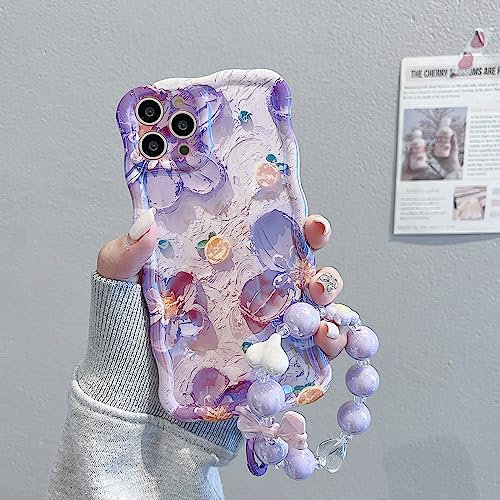 VALRION Compatible with iPhone 14 Pro Max Case Curly Wave Frame Vintage Oil Painting Floral Phone Case Soft TPU Cover with Bow Heart Beaded Bracelet Chain Lanyard Wrist Strap for Women Girls, Purple