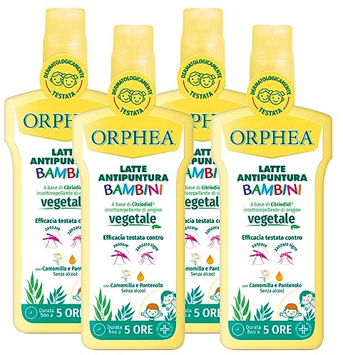 Orphea Latte Antipuntura Bambini Spray Delicato Repellente Anti-Zanzare Comuni e Tigre Insettorepellente Durata 5 Ore - 4 Flaconi da 100ml