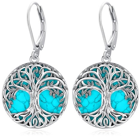 Eusense Pendientes Árbol de la Vida Pendientes de Plata de Ley 925 con Turquesa Árbol de la Vida Pendientes Colgantes Joyería Regalo para Mujeres Niñas