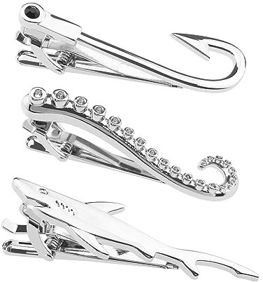 SG Store Ensemble avec 3pcs Pinces à Cravate en Argent Crochet de Poisson Pince à Cravate Poulpe Membre Pince à Cravate Requin Pince à Cravate Vêtements Accessoires pour Hommes Garçons Cuivre