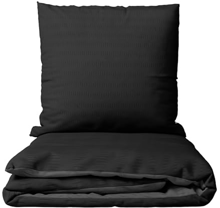 Leonado Vicenti Bettwäsche Seersucker Mikrofaser Set Einfarbige Uni Garnitur Bezug Kissen Decke, 2teilig, 155x200 cm, Schwarz