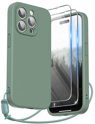 SURPHY Compatible with iPhone 15 Pro Max Case, Liquid Silicone Shockproof | [2 x Screen Protectors & 1 x Lanyard] Protection for Each Lens, Cover for iPhone 15 Pro Max 6.7, Cypress