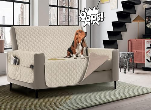 Banzaii Copridivano Impermeabile 3 Posti, Salvadivano Antimacchia Trapuntato Bicolor Universale con Tasche Portaoggetti Panna/Sabbia – Seduta 170 cm