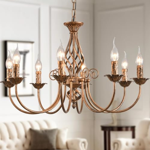 JIINOO 8 Lichter Französischer Landkronleuchter, Bronze Kronleuchter, Metall Pendelleuchter, Pendelleuchte für Inselküche Bauernhaus, Esszimmer, Foyer