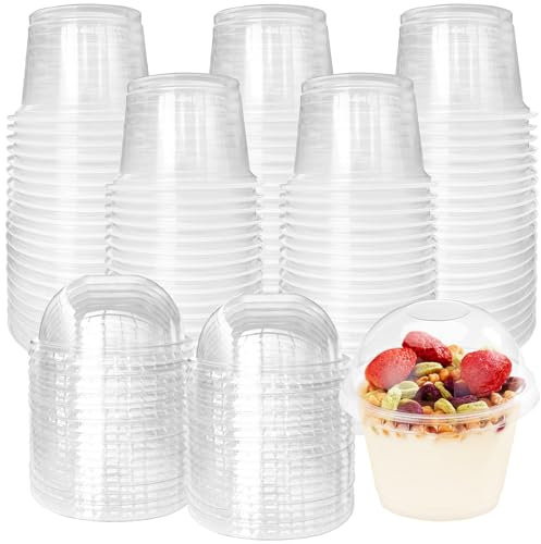 Panxxsen 100 Pcs 8oz Clear Plastic Cups with No Hole Dome Lids,Disposable Parfait Cups with Dome Lids,PET Dessert Cups,Fruit Cups for Dessert Salad and Fruit