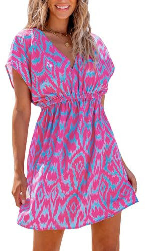 CUPSHE Robe d’été et de plage, cache-maillot de bain décontracté à col en V pour femme, manches courtes, taille élastique, tenue de plage 2024, Taille XS