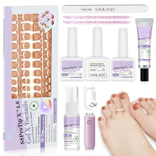 SAVILAND Kit Ultra-Fit pour Pied Press-on: 216 PCS Faux Ongles de Pied en Forme French, Faux Ongle Durables à Appliquer, 18 tailles Robuste Onguents bruns avec Lampe a Ongle et Colle a Ongle