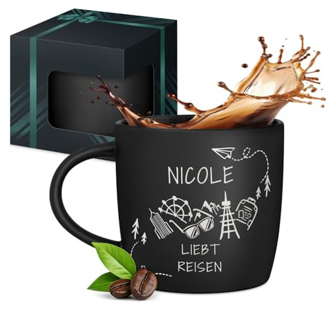 Maverton Keramik Kaffeebecher 400ml mit Gravur - personalisierte Kaffeetasse aus Matt Keramik mit Henkel für Frauen zum Geburtstag zu Weihnachten - Trinkbecher matt schwarz - Innen schwarz - Reiserin