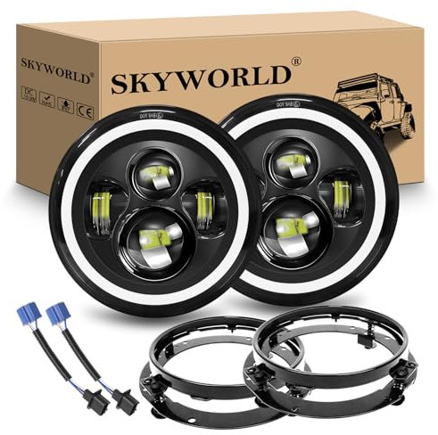 SKYWORLD 2 Stück 7 Zoll Runde LED Scheinwerfer mit Halterung, 50W 5000LM 4 Modi Fahrscheinwerfer 3000K+6000K Offroad Lichter Feuer Kreuz DRL HI LO Strahl für Wrangler JK TJ LJ CJ Ha-ley Hum-mer
