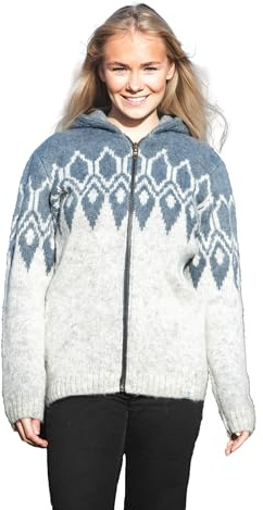 kidka Kapuzen-Strickjacke - Isländische Schurwoll-Strickjacke - Farbkombination hellgrau/eisblau