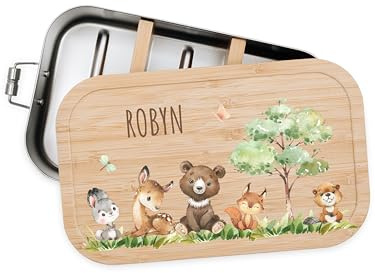 Bärenfreunde Personalisierte Brotdose Edelstahl, Kinder Lunchbox | Vesperdose personalisiert mit Namen, Brotzeitbox Holz mit Fächern und Holzdeckel, Bambus Jausenbox, Kita, Dino, Traktor