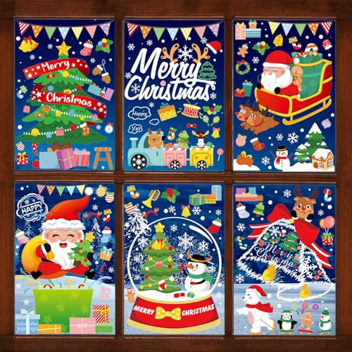 Sevenpers 159 Stück Fensterbilder Weihnachten Kinder, PVC Aufkleber Bunte Doppelseitige Muster, Fensterdeko für Xmas