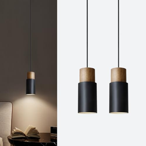 Ouglres Pendelleuchte Holz,2er Hängelampe Küche,Vintage Zylinder Lampe Esszimmer Hängend,Aluminium Industrial Pendelleuchte Esstisch Schwarz E27 für Wohnzimmer Schlafzimmer,Restaurant,Höhenverstellbar