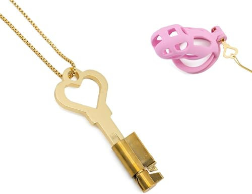 Peniskäfig Schlüssel Ersatzzylinder aus Messing mit Schlüssel für Männliche Chastity Cage Herzförmige Schlüssel Halskette Unsichtbares Ersatzschloss für Keuschheitsgürtel (Gold)