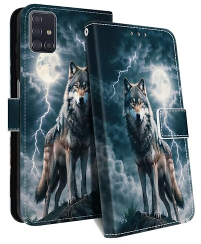 HopMore Handyhülle für Samsung Galaxy A51 4G Hülle, Premium PU Leder Klappbar Klapphülle Kartenfach Schutzhülle, Stoßfeste Case Tasche mit Motiv Handytasche für Samsung A51 4G, Wolf A