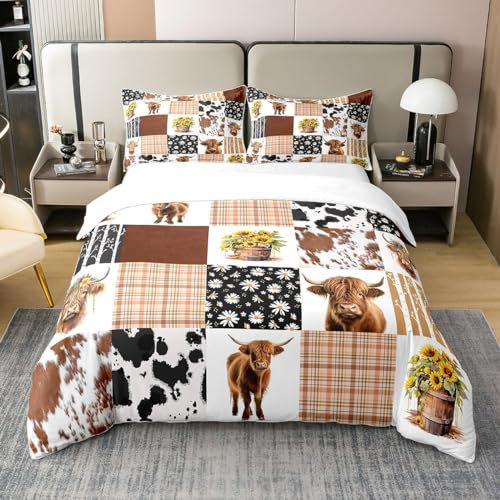 Homemissing Highland Cow Bettwäsche Set 135x200cm Kinder Cowboy Kuhfell Bettbezug Set für Jungen Mädchen Farm Geometrisch Stripes 100% Baumwolle Bettwäsche Daisy Sonnenblume Bettdeckenbezug
