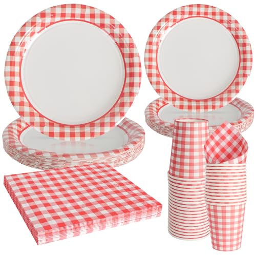 PARTY GO 96 platos de papel para cena y postre, platos desechables rojos a cuadros para decoración de fiestas temáticas
