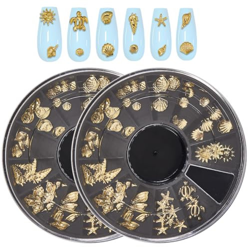 CRASPIRE 2 Boxes Ocean Nail Art Set 3D Charms 12 Styles Metal Alloy Gold Nail Charms Design Studs Gems Kit Summer Sea Turtles Marine Starfish Seashell Conch for Women DIY Craft Jewelry Decor Supplies