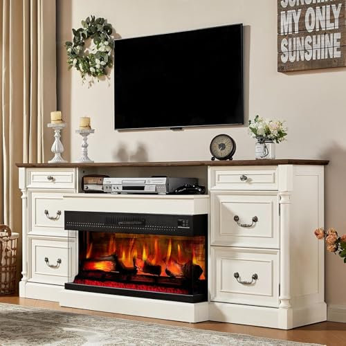 LUXOAK Roman Columns 3-Sided Glass Fireplace TV Stand for TVs up to 85in, 75 Farmhouse Entertainment Center with 36 Fireplace, Rustic TV Console Table Storage Cabinet, Living Room, Antique White