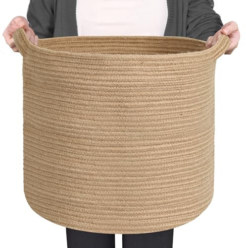 MEGASKET Large Wicker Storage Basket, 16 x 14 Jute Woven Basket with Handle, Living Room Blanket Storage, Big Wicker Laundry Basket, Kids Toy Bin Box Organizer, Decorative Round Baskets for Decor