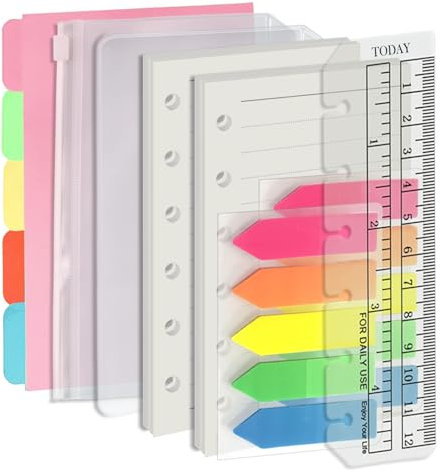 Harphia A7 6-Loch-Heftfüllsatz Wertpaket, 90 Blatt Papier mit Aufklebern und Trennern, Planer-Einsätze mit Heft-Taschen für A7 nachfüllbares Notizbuch - Linien