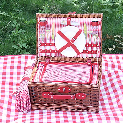 GAROEN Picknickkorb aus Weide für 2 Personen, mit isolierter Kühlbox, wasserdichter Decke und Besteck-Set