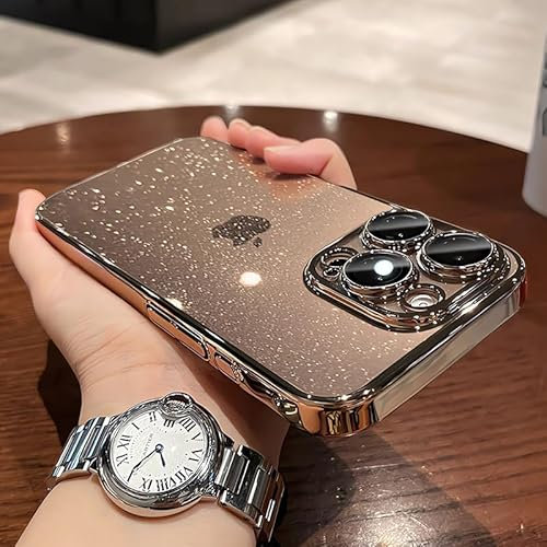 Luxury Transparent Glitter Clear Slim Case For iPhone 12 13 14 Plus 15 16 Pro Max Electroplated Gold Bumper Hard Plastic Cover (Gold,For iPhone16 Pro Max)