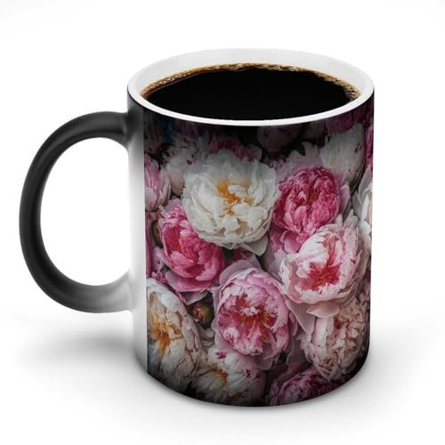 HJUQNGF Kaffeetasse mit Pfingstrosen, farbwechselnde Kaffeetasse, 325 ml, wärmeaktivierte Keramiktasse mit Griff, lustige magische Tasse, Keramik-Tassen für Tee, Latte, Cappuccino, Milch, Kakao