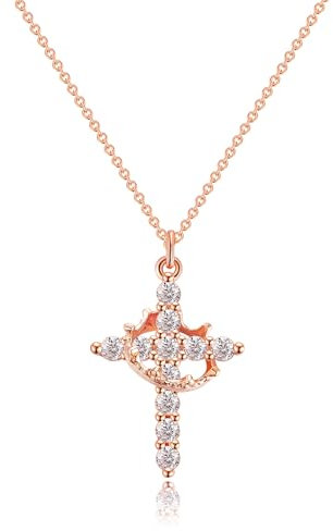 Tewiky roségoldene Halskette mit Krone und Kreuz für Damen, Glaubensschmuck Geschenk zur Erstkommunion, Roségold