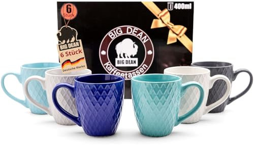 BigDean 6 Stück Kaffeetassen 400ml matt Kaffeebecher Keramik - Hochwertiges Kaffeetassen Set modernes Tassen Set in Geschenkbox