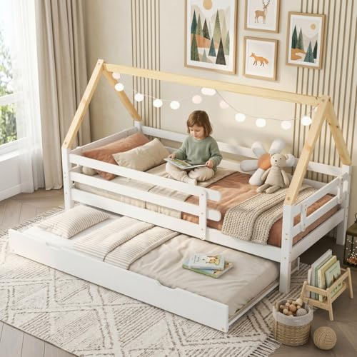 boorbin Baumhausbett, Tagesbett, Einzelbett, Kinderbett, Ausziehbett, Schiebebett mit Rollen unten, Massivholz, weißes Bett, naturfarbener Dachstuhl (90x200 + 90x190 cm)
