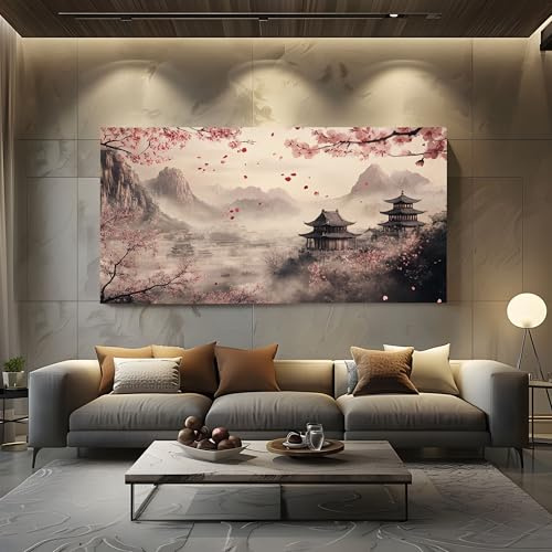 ZORYAN Bild auf Leinwand Japanische Kirschblüten Groß, XXL Wandbilder | Wohnzimmer Orientalisch Pagode Moderner Kunstdruck für Schlafzimmer Tuschmalerei Berg Bilder für die Wand, Wanddeko 60x120 cm