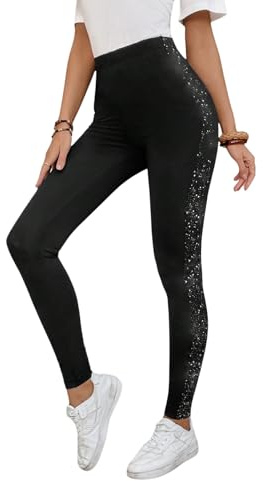 SOLY HUX Damen Leggings Elegant Legging Hose mit Glitzer Elastischer Hohe Taille Freizeithose Farbblock Damenhose Party Outfit Schwarz M