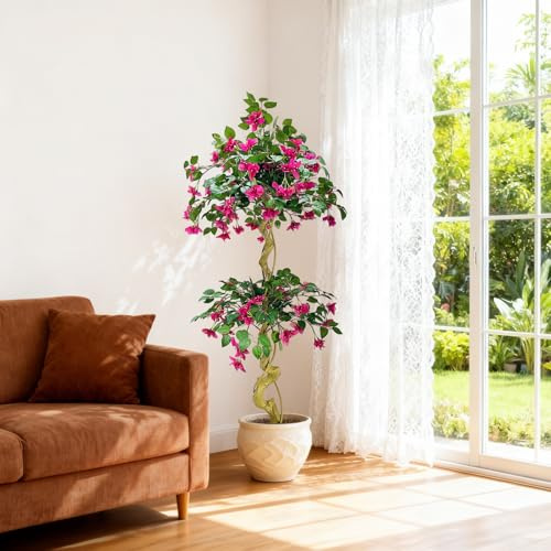 Bougainvillea - Albero artificiale grande, 150 cm, in vaso con fiori e foglie realistiche, pianta in plastica per soggiorno, ufficio, giardino, ingresso, decorazione per esterni