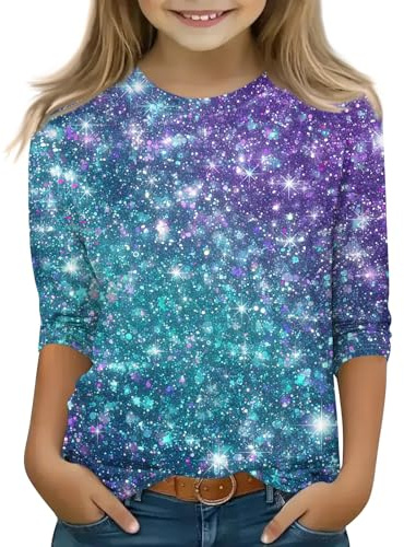 Mädchen Glitzer Gradient 3/4 Ärmel T-Shirt Rundhals Sparkly Top mit Pailletten Stil Druck Kinder Casual Party Wear Tee Kinderkleidung Mädchen Tops (4-11 Jahre)