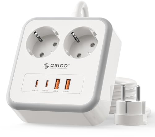 ORICO Regleta Enchufes USB C 20W PD, 2 Tomas AC y 4 USB, 1,5m, Blanco