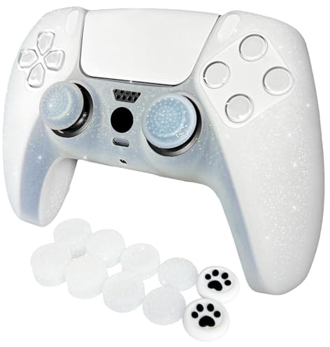 HLRAO Cover protettiva antiscivolo in silicone bianco glitterato compatibile con controller PS5/Slim/Pro, 8 tappi per pollice e 2 tappi per impugnature. (bianco glitterato)