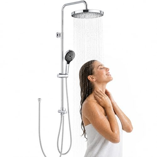 GOODBEING Edelstahl Duschset ohne Armatur Shower Set, Duschsystem mit Regendusche Fast 300mm, 4 Spraymodi, Höhenverstellbar, 360° drehbar, Edelstahl SUS304, ohne Armatur, Handbrause and Duschstange