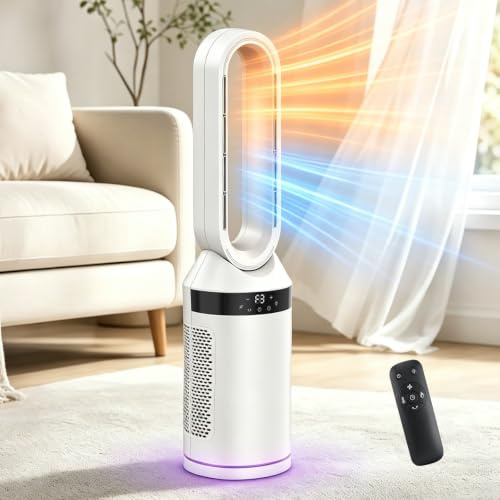 MoraRise Bladeless Tower Fan Heater, Hot and Cold Fan with Remote, 7-Colour LED, 70° Oscillating Space Heater for Home Bedroom Office, Quiet Cooling & Heating (White, 80cm)