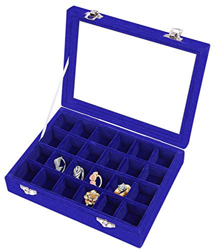 Meshela Aufbewahrungsbox Schmuck, aus Samt, mit Glasdeckel, Jewelry Organizer Schmuckkasten 24 Fächer – Schmuckaufbewahrung Stapelbar Schmuckschatulle Schubladen Verstellbar für Ringe，Blau