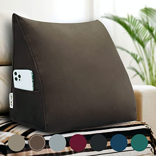 VERCART Rückenkissen Keilkissen Kopfende Großes Bettkissen Bequemes Lesekissen und Rückenteil im Bett 2 in 1 Rückenlehne und Kopfkissen Langes XXL Kissen Sofa Couch Samt 45cm Braun